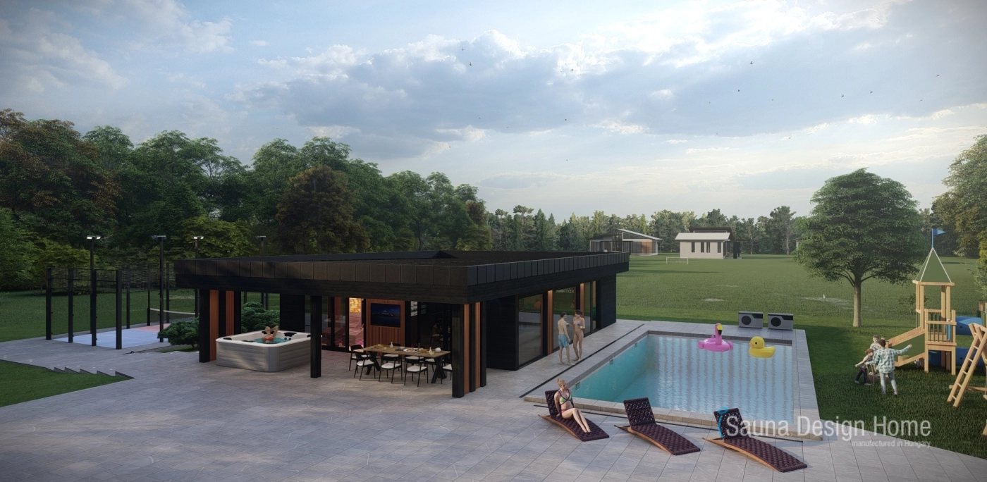 kültéri szaunaház medencével